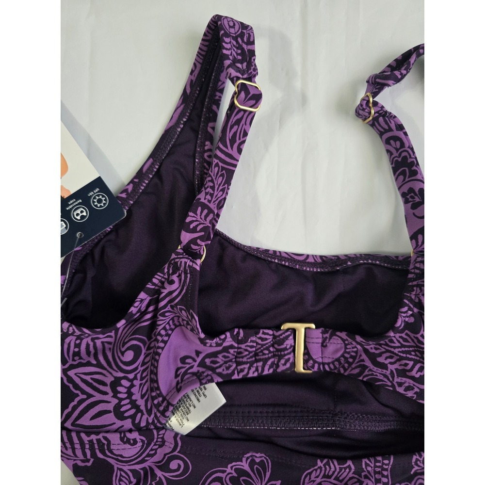 LandsEnd Purple Paisley One Piece Swimsuit UPF50 Ruched Hook Back XS 1956311 NWT - Picture 13 of 16